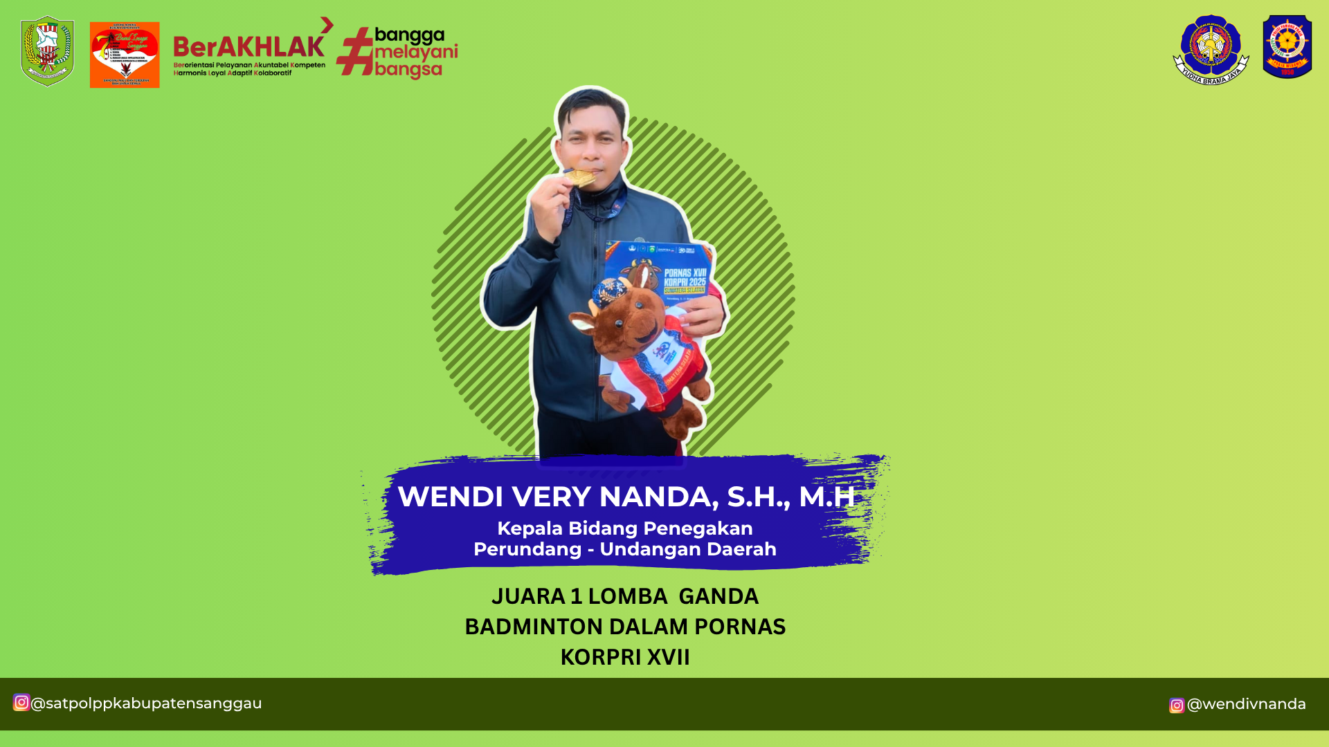 Wendi Very Nanda, Kepala Bidang Penegakan Perundang-Undangan Daerah, Sabet Juara 1 Ganda Badminton di PORNAS KORPRI XVII